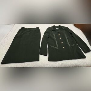 Dark Green Two-Piece Skirt Suit with Satin Trim